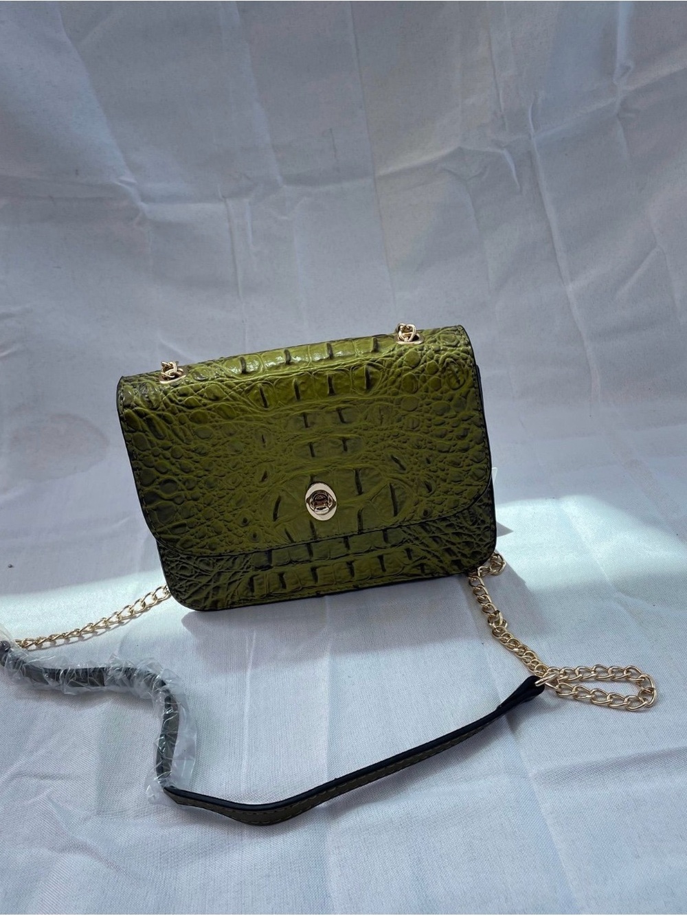 Olive Green Croc-Embossed Chain Shoulder Bag